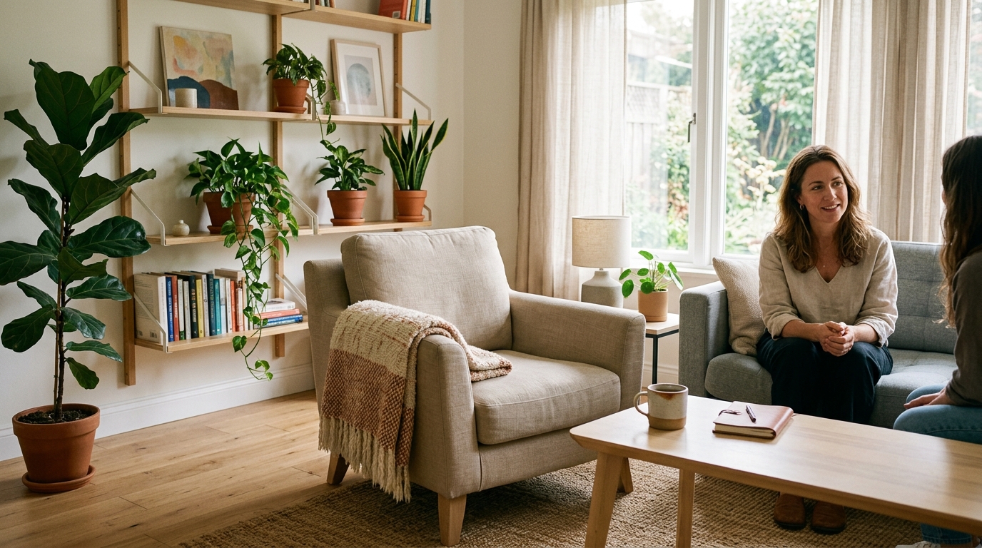 Welcoming therapy consultation room with comfortable seating and calming greenery.